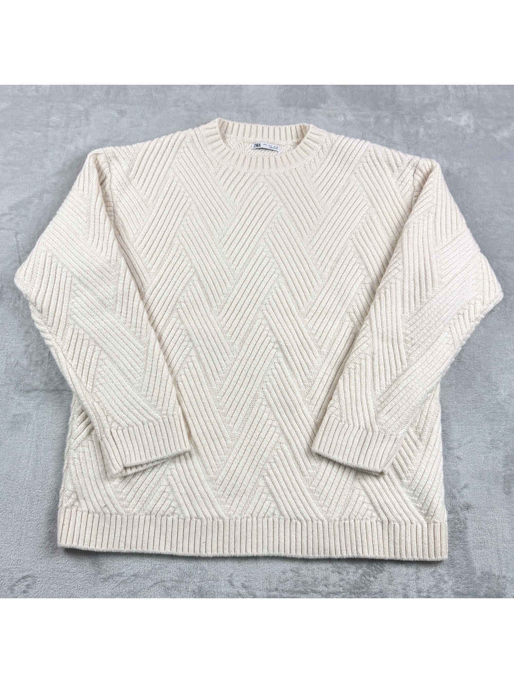 Zara Mens L Cream Ivory Textured Knit Crewneck Sweater Geometric Ribbed Pullover
